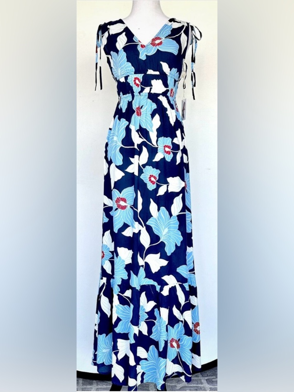 Jessica Simpson Navy Maxi dress with Light Blue, White & Red Floral Print